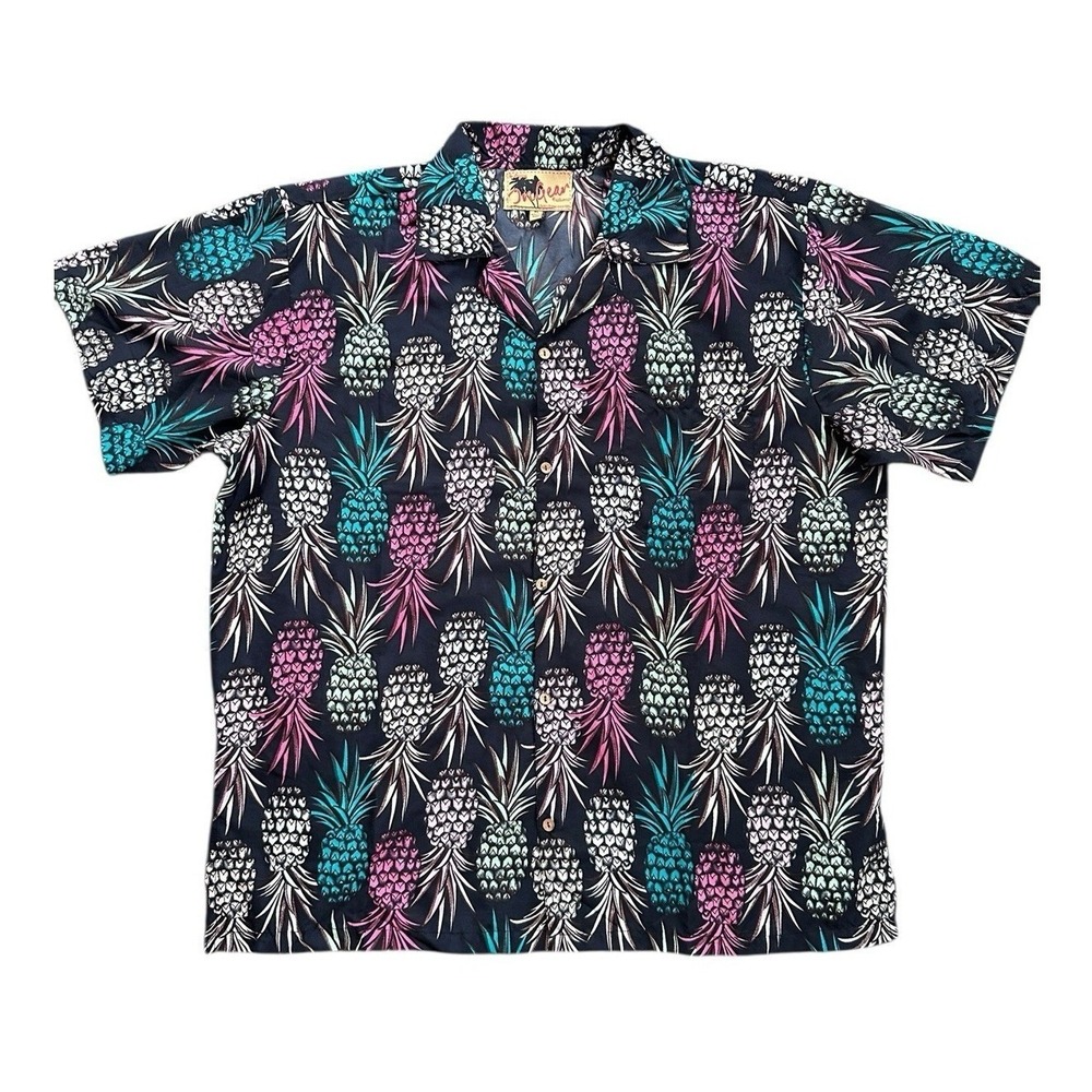 Ingear Fashions Pineapple Shirt Mens XL Navy Blue Excellent Tropical Camp Collar